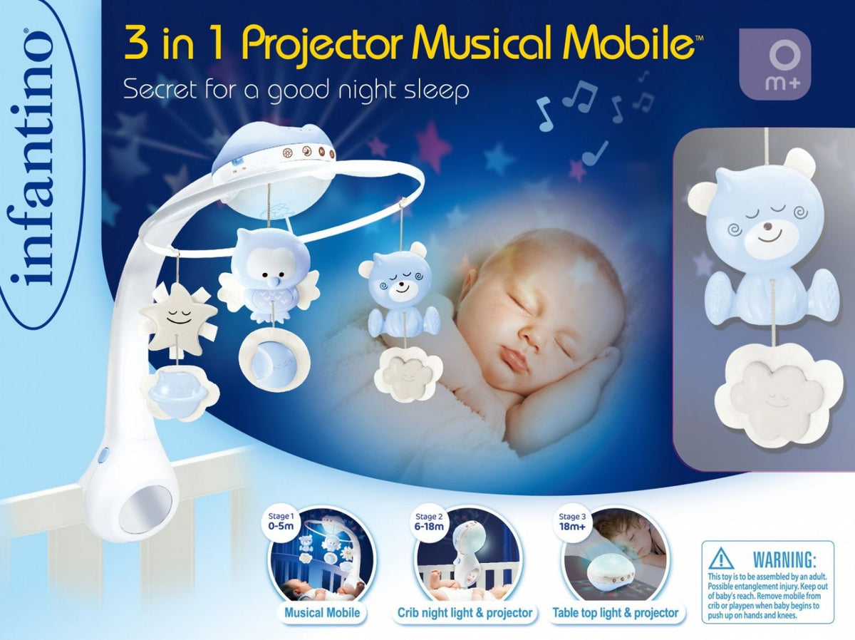 INFANTINO 3 in 1 Projector Musical Mobile - Convertible mobile, table and cot light and projector, with wake up mode to simulate daylight, complete with 6 melodies and 4 nature sounds, in pink