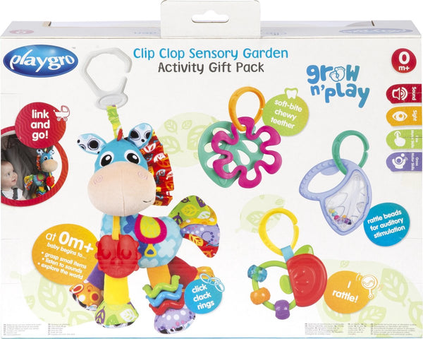 Playgro - Geschenkset Clip Clop Paard  en  3 Bijtpseeltjes, Baby Activity Toys, Playgro, Keekabuu