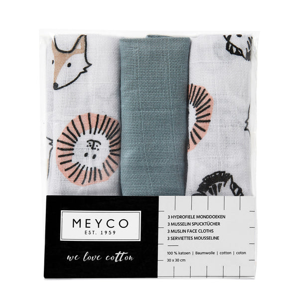 Meyco - Hydrofiele Monddoekjes Animal/Uni Stone green – 3-pack
