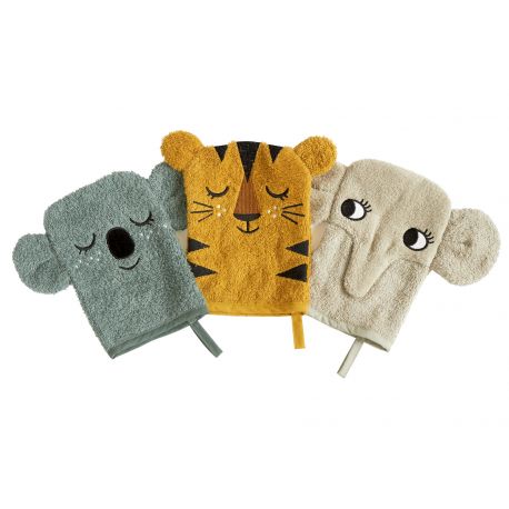 Roommate - Set van 3 Washandjes - Koala, Tiger en Elephant, Washandjes, Roommate, Keekabuu